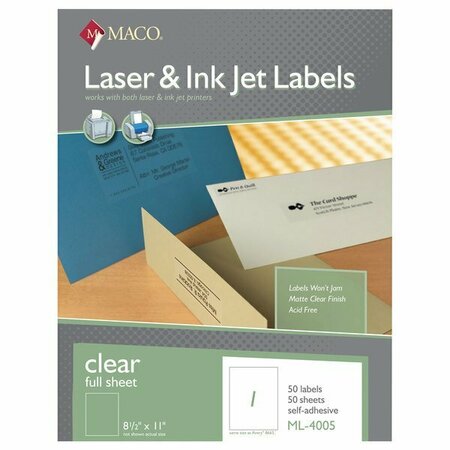 MACO ML4005 Laser / Inkjet 8 1/2'' x 11'' Matte Clear Full Sheet Shipping and Address Labels, 50PK 328MACML4005